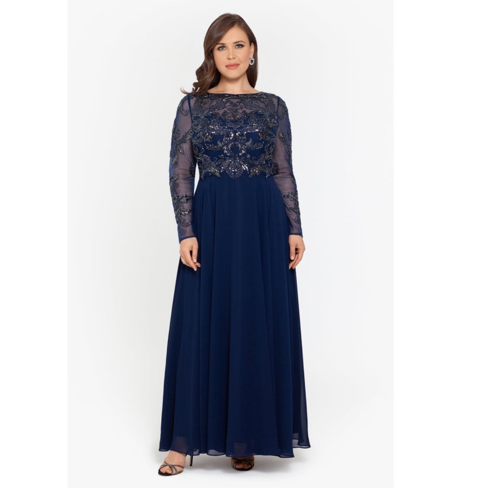 XSCAPE EVENINGS:  "MASON" LONG SLEEVE BEADED CHIFFON GOWN